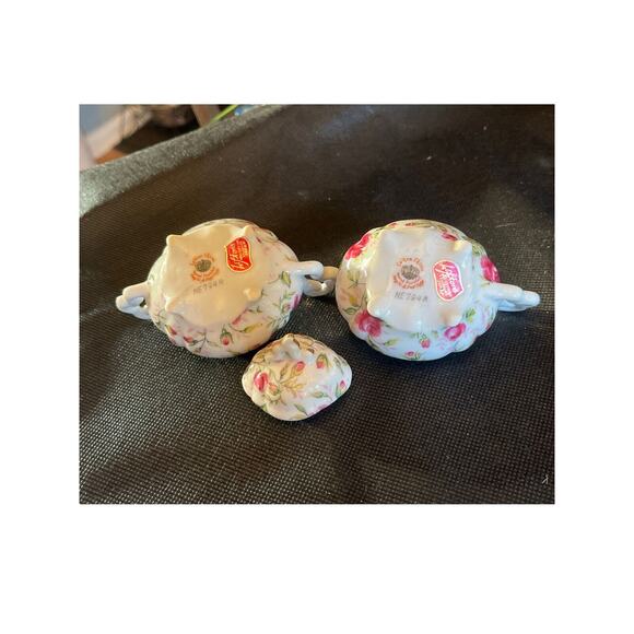 Vtg Lefton China Miniature Creamer & Covered Sugar Pink Rose Chintz NE794R Japan - Picture 4 of 10